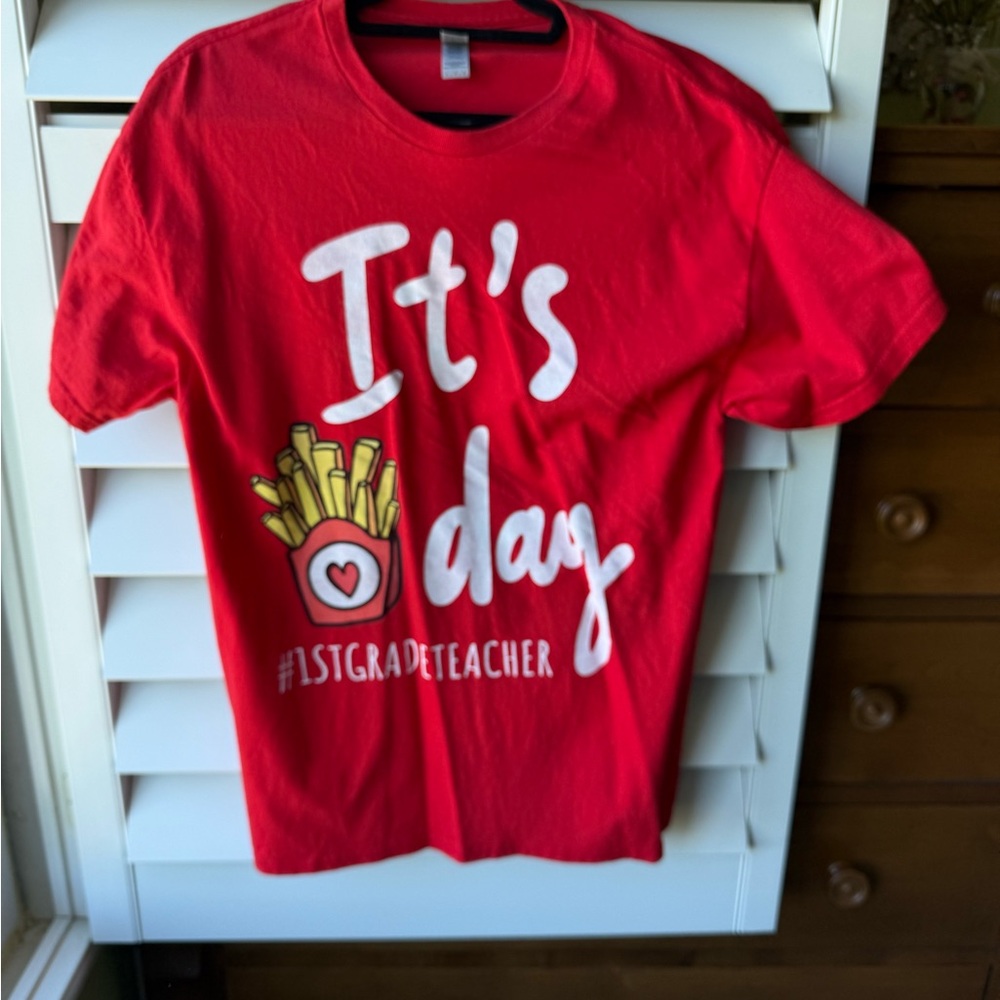 Gildan Red Short-Sleeve Tee with White Script and Yellow Fries Graphic